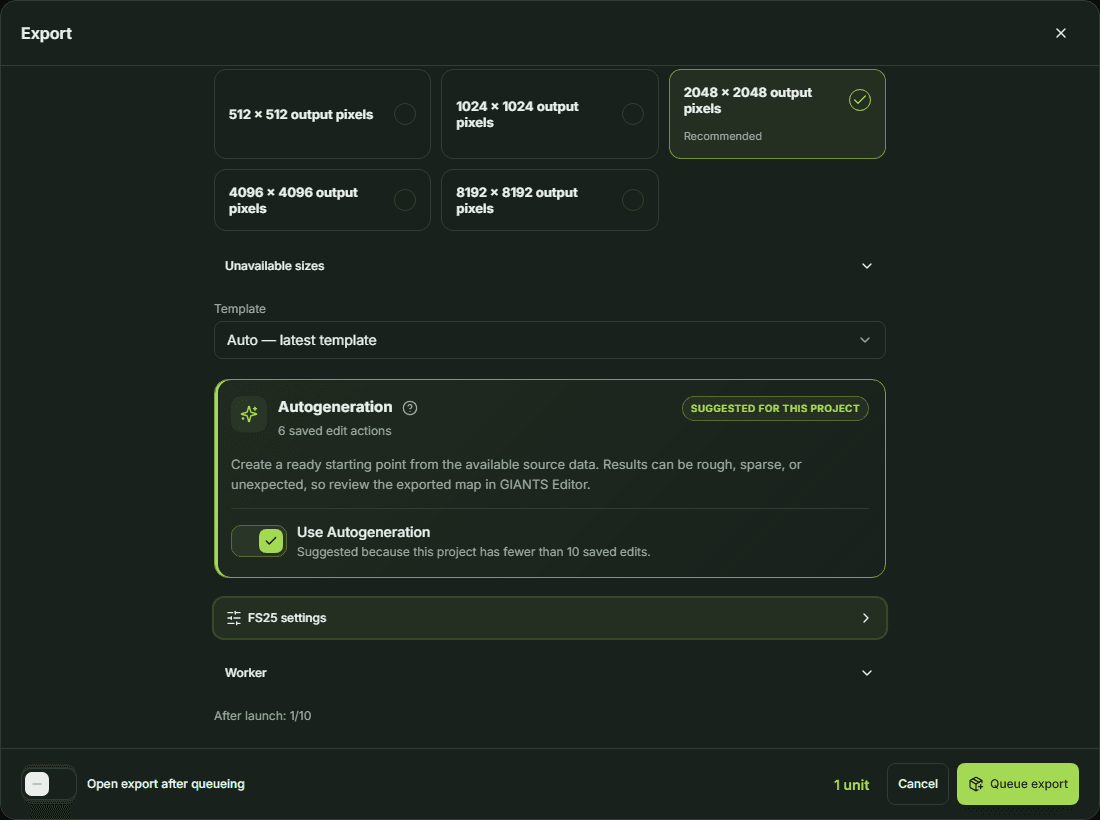 Autogeneration enabled in the FS25 export dialog with six saved edit actions.