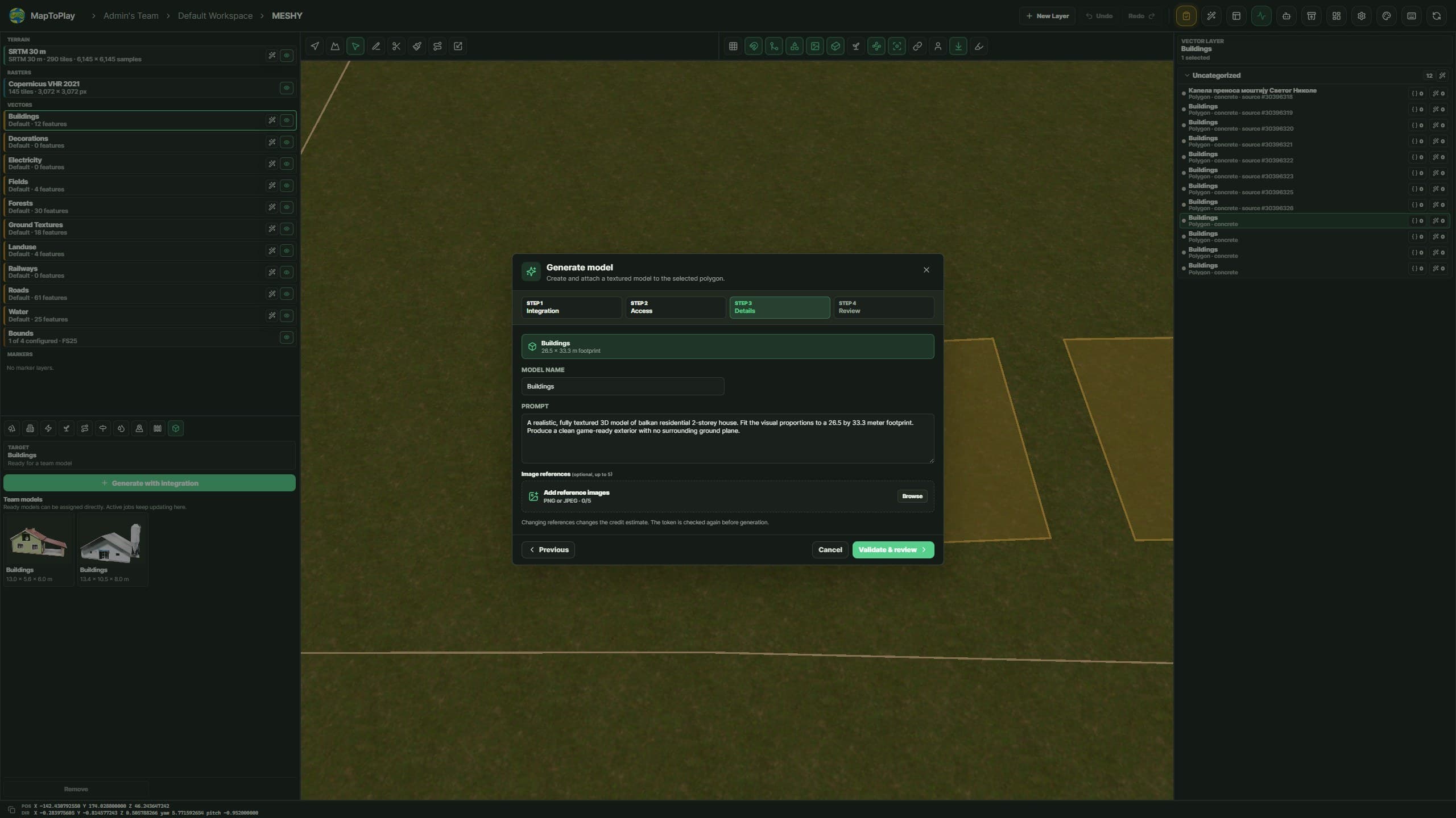 The Generate model dialog in the MapToPlay Editor, with a prompt and the selected building footprint of 26.5 by 33.3 meters.