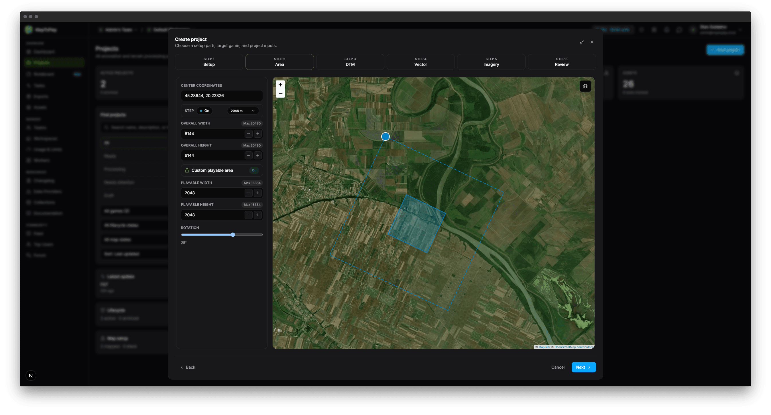 MapToPlay project wizard map preview showing MapTiler satellite layer controls.