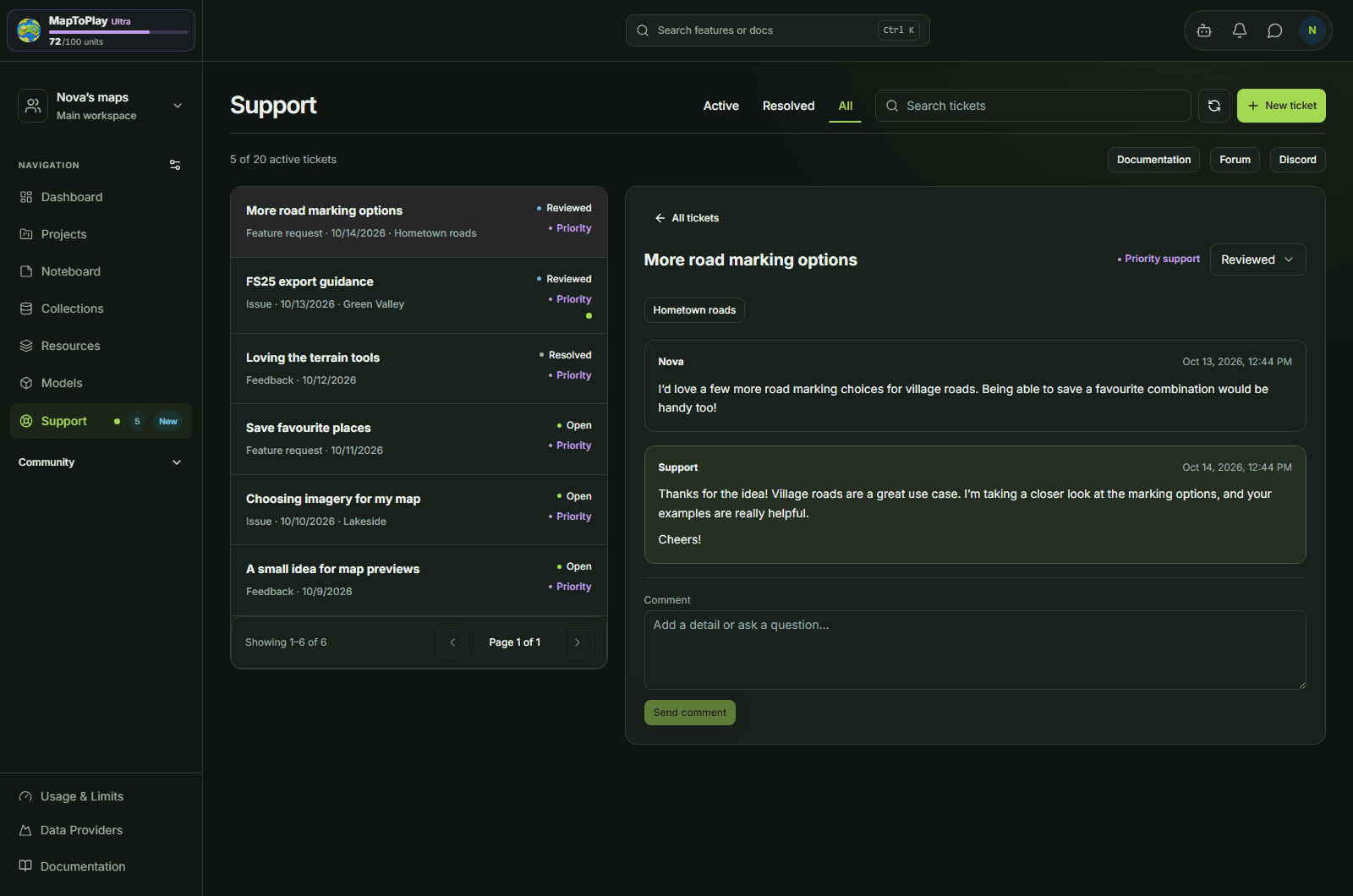 Fictional Support conversations showing feature ideas, positive feedback, and export guidance.