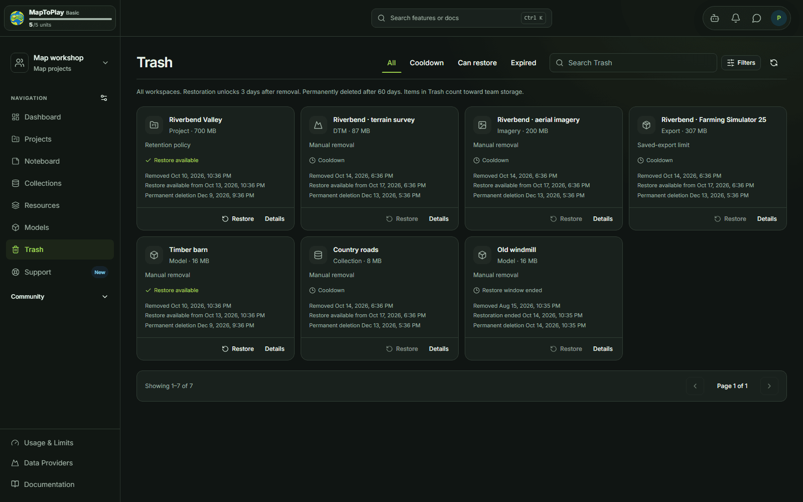 Sample removed assets showing when restoration unlocks and permanent deletion happens.