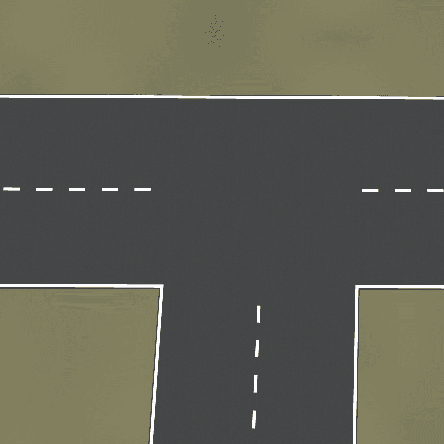A T-junction road decal preview in the editor using real road texture markings.