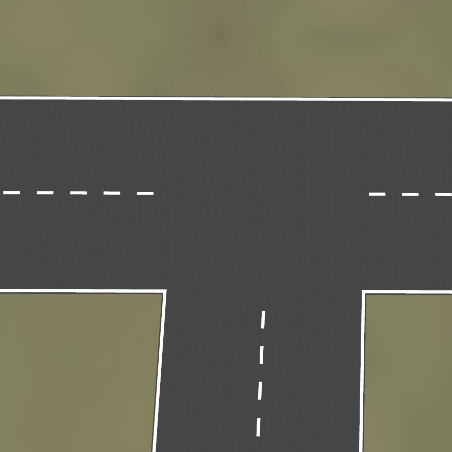 A T-junction road decal preview in the editor using real road texture markings.