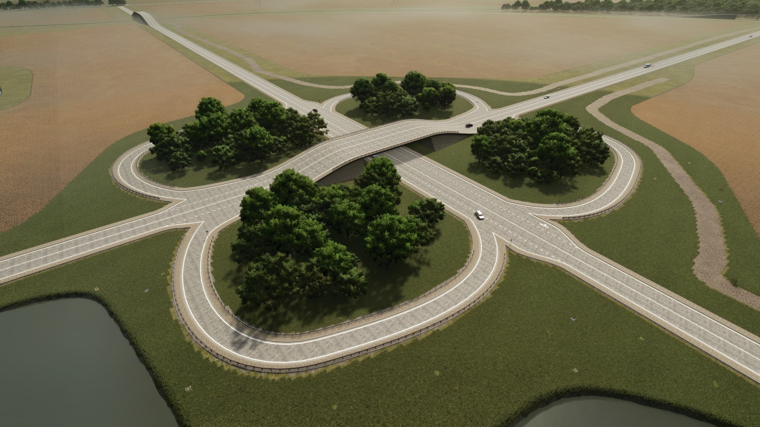 A cloverleaf interchange with a road bridge, looping ramps, guardrails, and traffic in Farming Simulator 25.