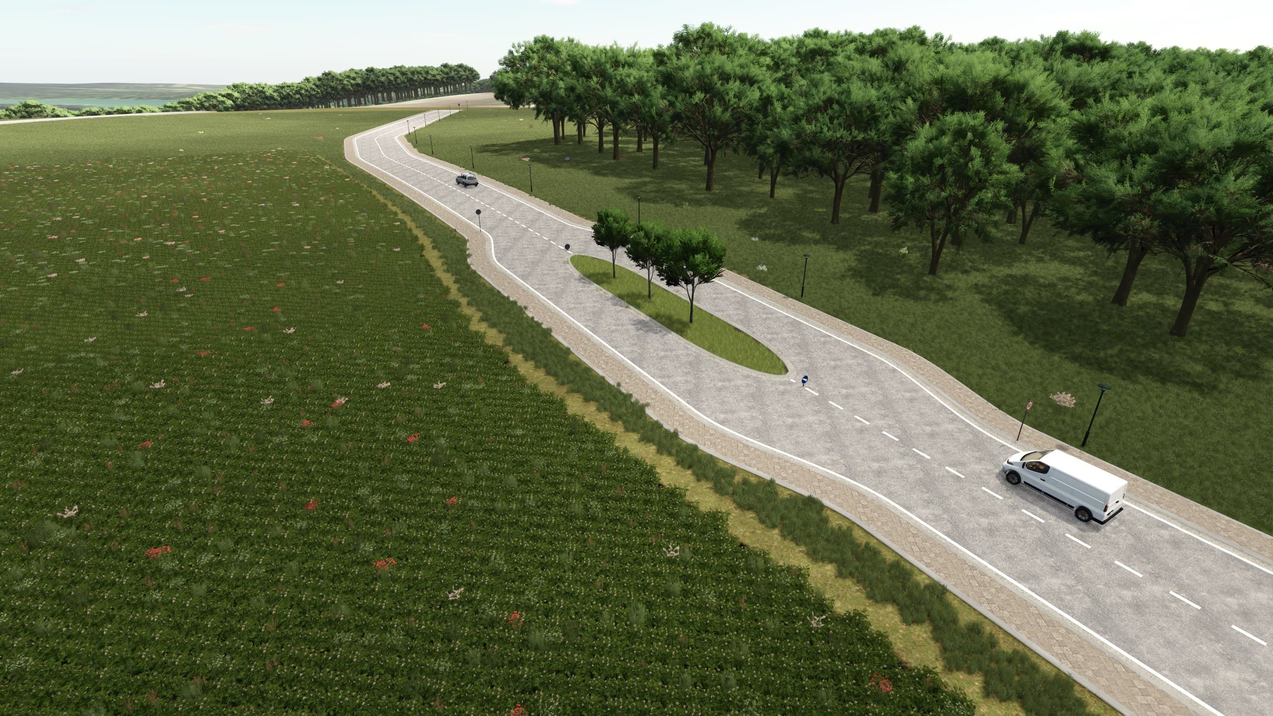 A detailed road generated by MapToPlay with a central island, sidewalks, markings, and moving traffic in Farming Simulator.