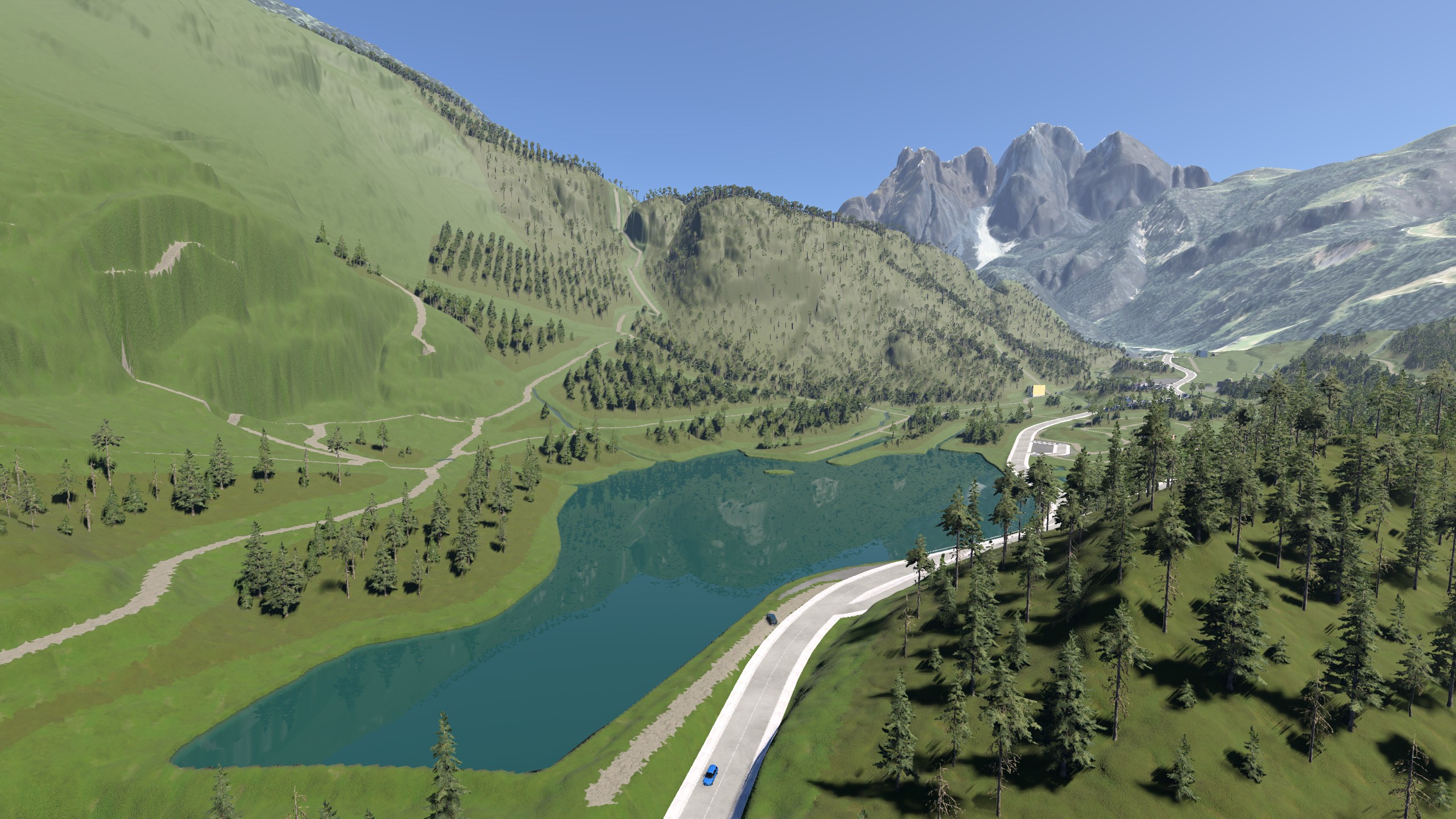 An alpine lake, forested slopes and roads in a BeamNG.drive map exported from MapToPlay.