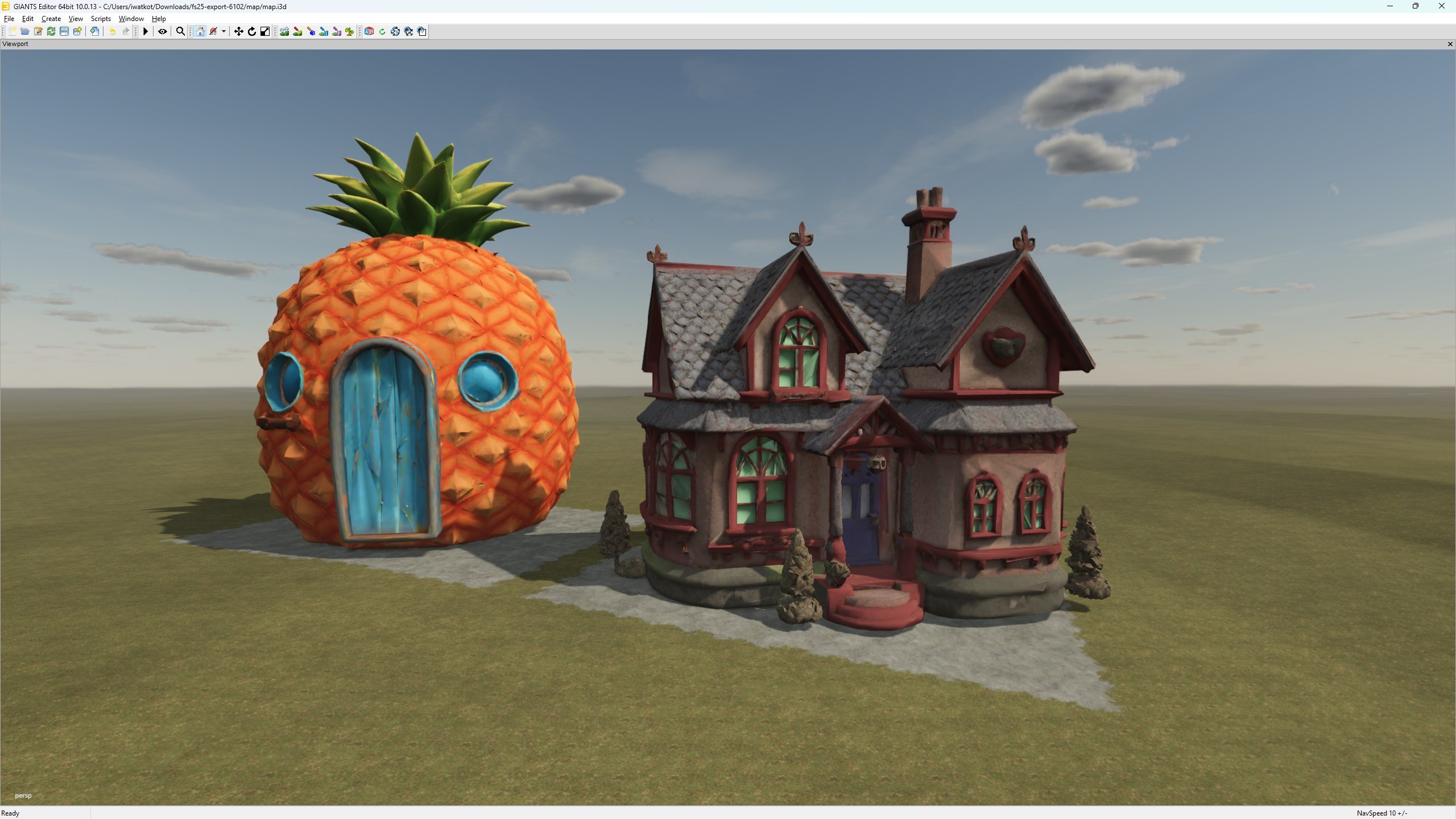 A giant pineapple house and a red Victorian house, both generated in MapToPlay, standing on a Farming Simulator 25 map.