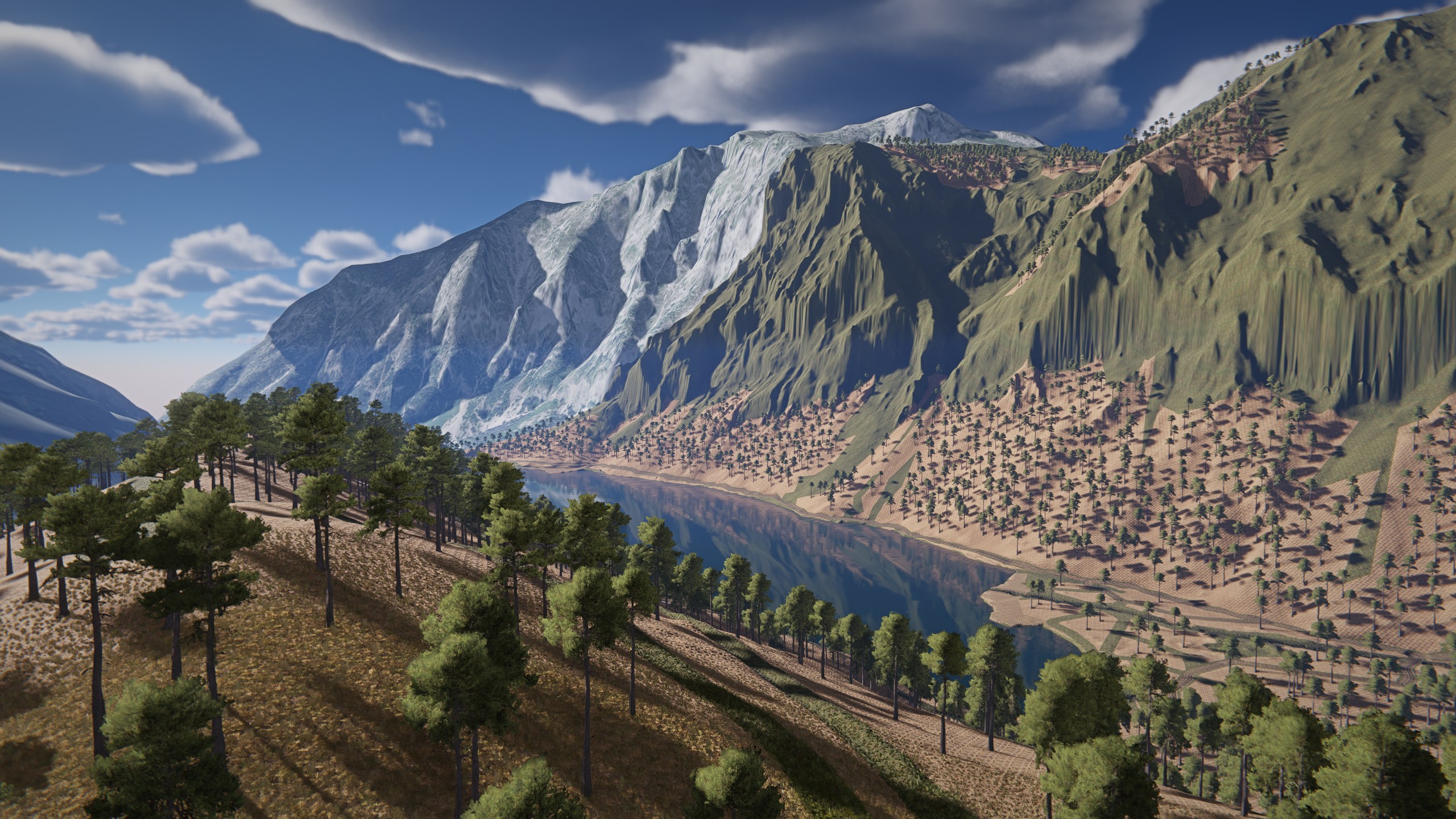 A generated RoadCraft mountain landscape with a lake, forest, and dirt roads.