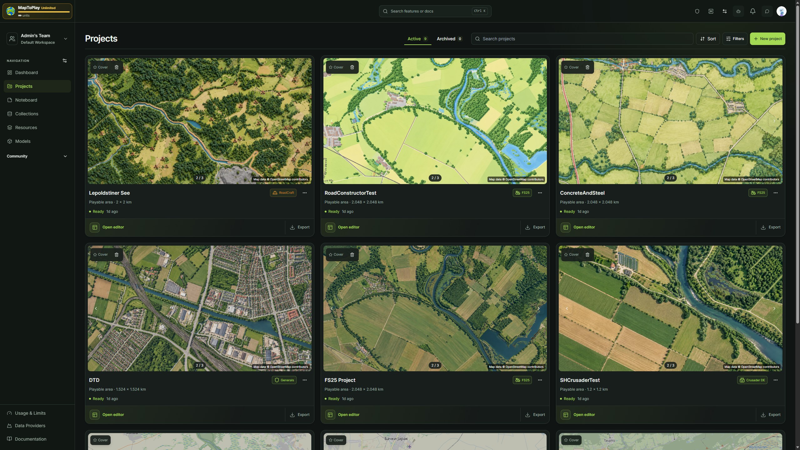 The new Projects page shows map covers and project controls beside the customizable sidebar.