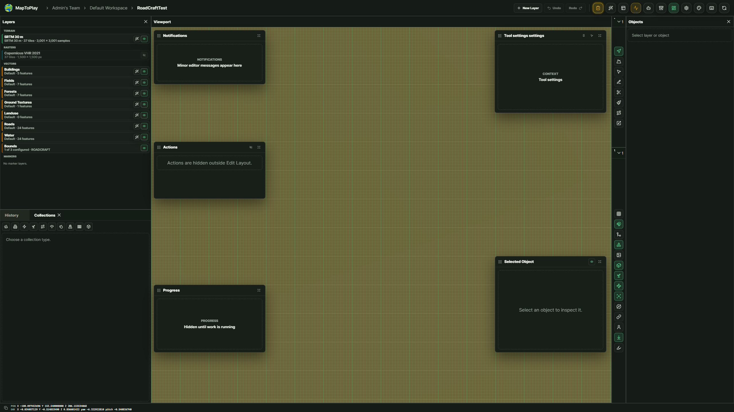 Edit Layout mode in the MapToPlay Editor with a grid drawn over the viewport and widgets snapped to it.