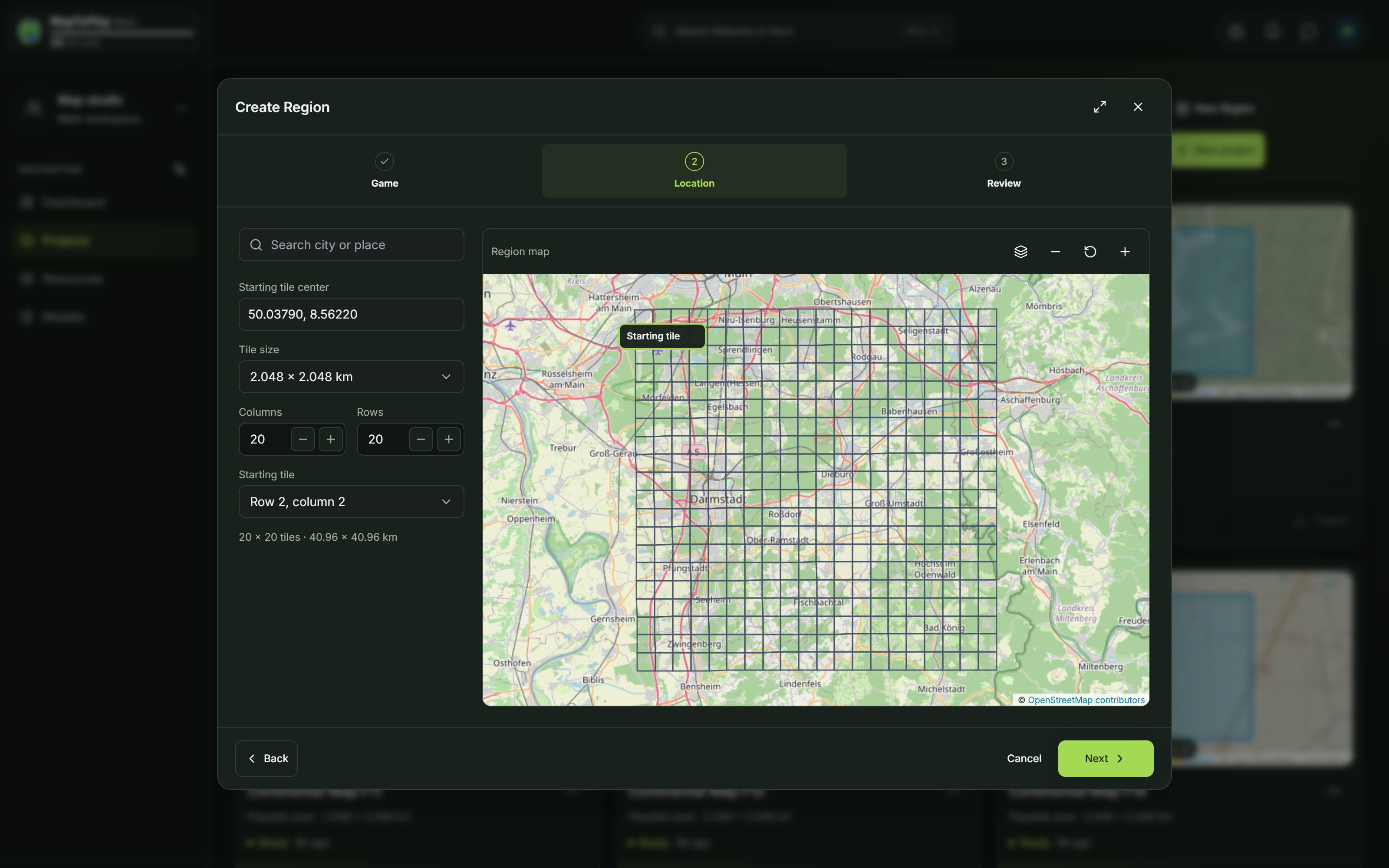 The Create Region dialog on Location, showing a 20 by 20 grid near Darmstadt, 2.048 km tiles and a selected starting tile.